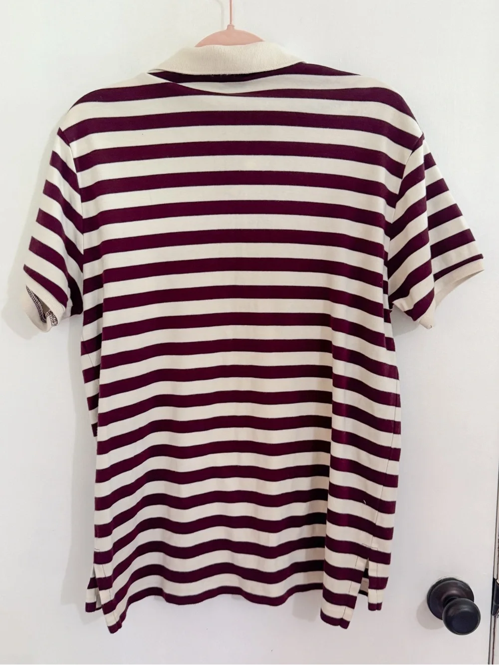 Ralph Lauren Burgundy and Cream Striped Polo with green horse logo embroidery L